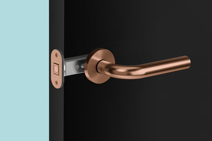 Insitu image of the IN.20.153.TCO magnetic latch on a black door with a generic copper door handle.
