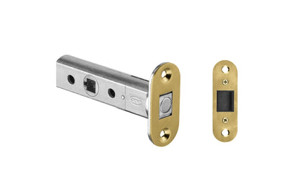 Product image of the IN.20.153.TG Magnetic Tubular Latch in Satin Brass on a white background.