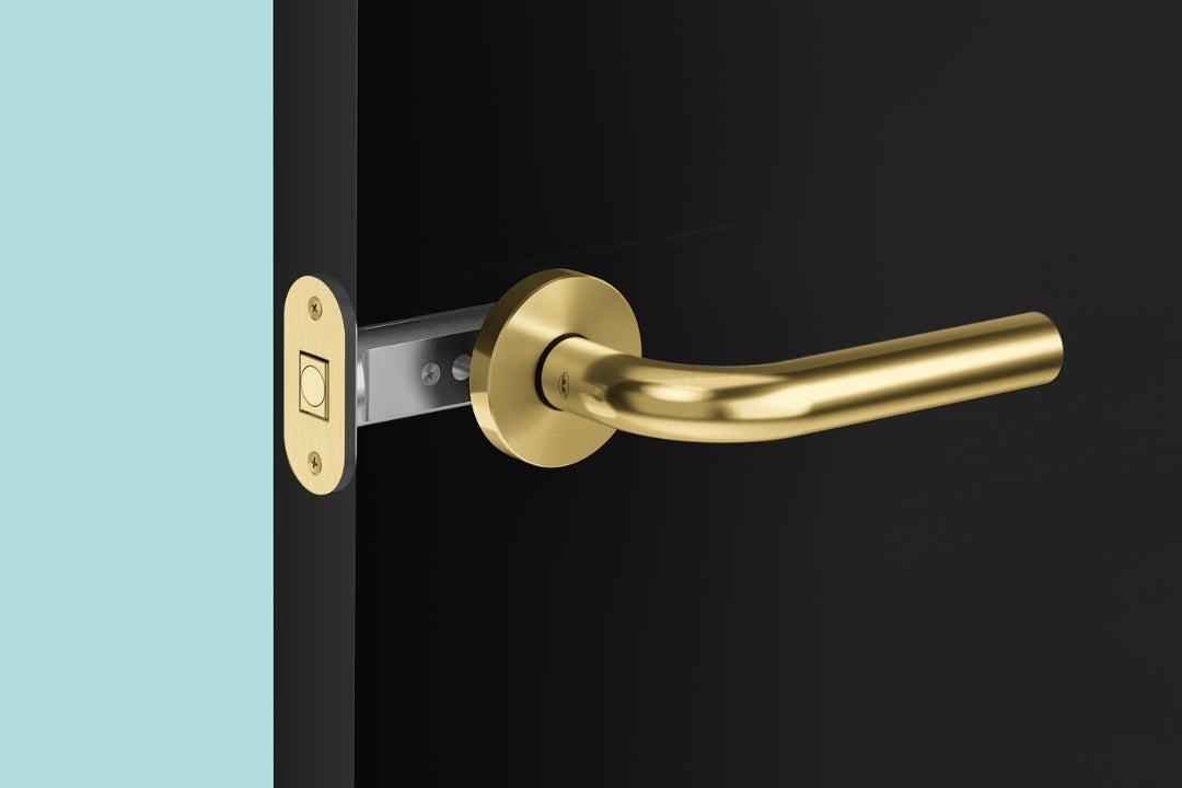 Insitu image of the IN.20.153.TG tube latch on a black door with a generic satin brass door lever installed.