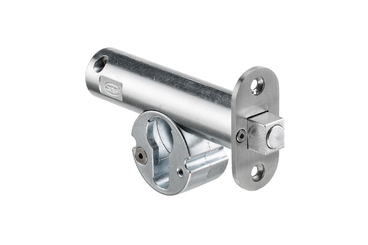 Product image of a euro deadbolt. The latch is above the euro cylinder holder.
