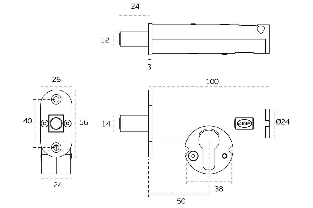 Specification drawing with measurements of the JNF Euro Deadbolt 50mm Backset Satin Stainless Steel IN.20.154.
