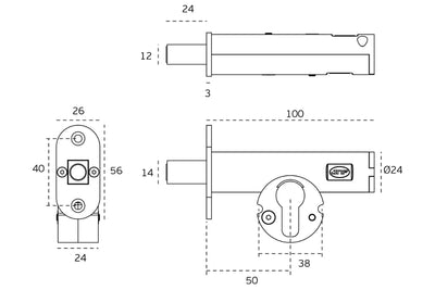 Specification drawing with measurements of the JNF Euro Deadbolt 50mm Backset Satin Stainless Steel IN.20.154.