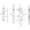 Black and white specification drawing with measurements of the JNF Narrow Backset Euro Mortise Lock Stainless Steel 25mm IN.20.400.25.