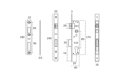 Black and white specification drawing with measurements of the JNF Narrow Backset Euro Mortise Lock Stainless Steel 25mm IN.20.400.25.