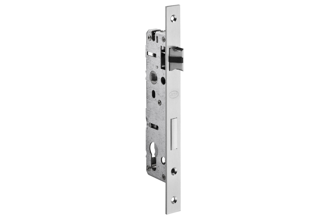Product image of the JNF 30mm BS Euro Mortise Lock Satin Stainless Steel IN.20.400.30 on a white background.