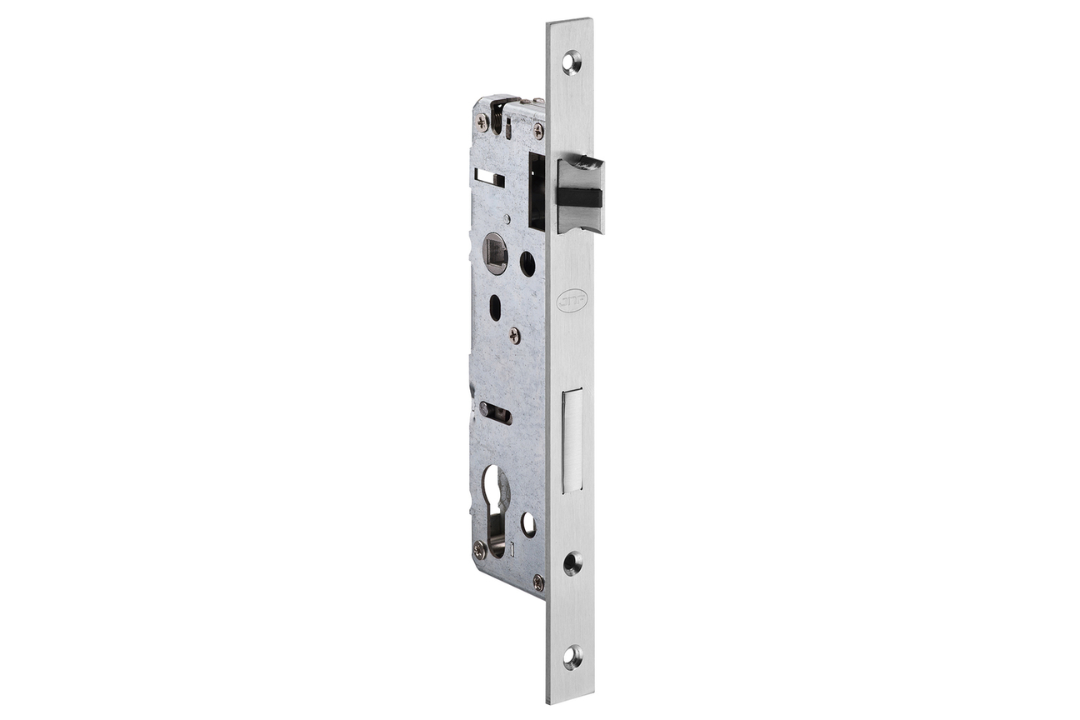 Product image of the JNF 35mm BS Euro Mortise Lock Satin Stainless Steel IN.20.400.35 on a white background.