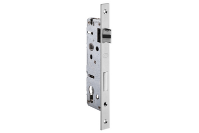Product image of the JNF 35mm BS Euro Mortise Lock Satin Stainless Steel IN.20.400.35 on a white background.