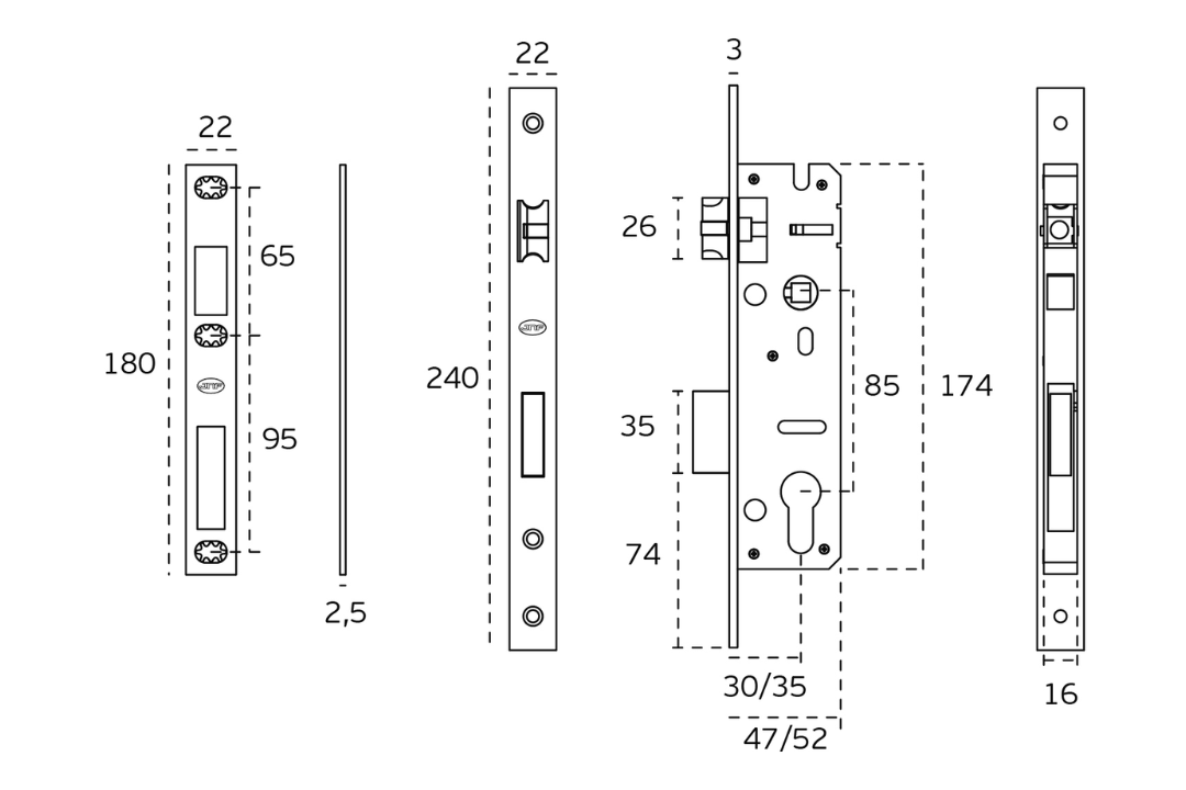 Black and white specification drawing of the JNF Narrow Backset Euro Mortise Lock Satin Stainless Steel.