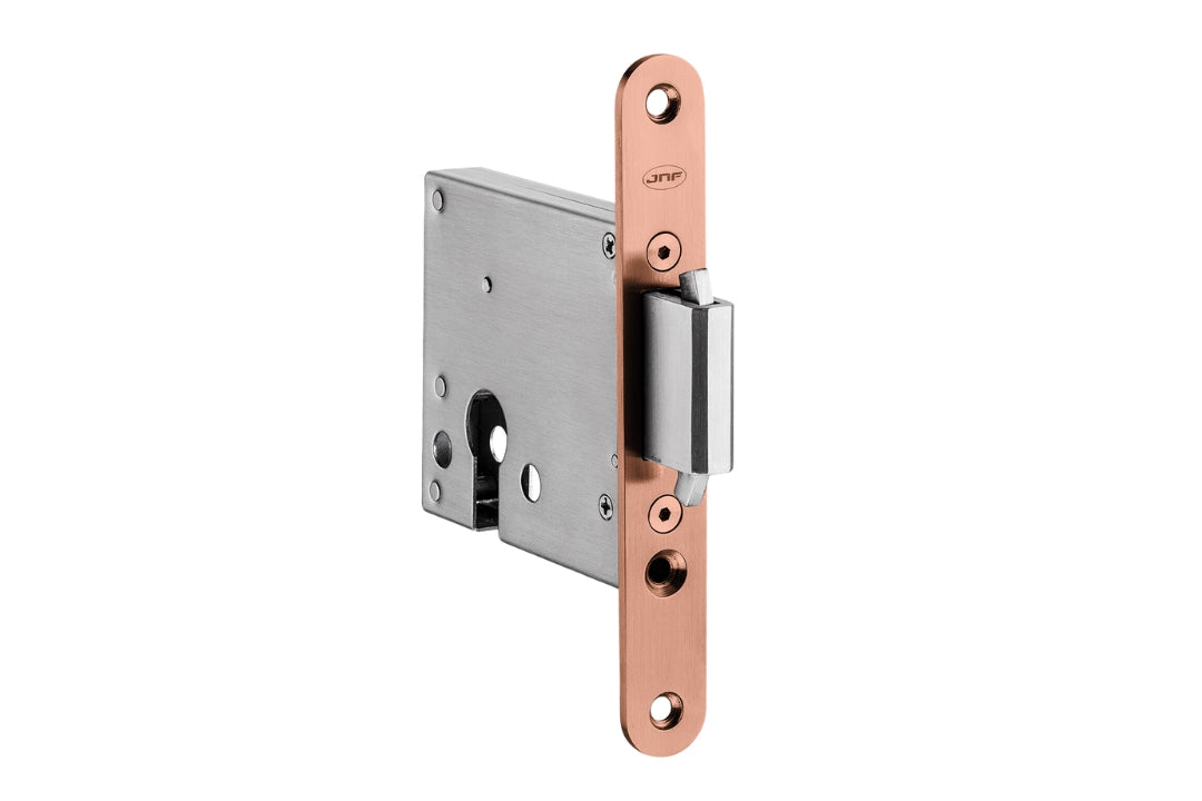 Product image of the Titanium Copper Sliding Door Lock on a white background.
