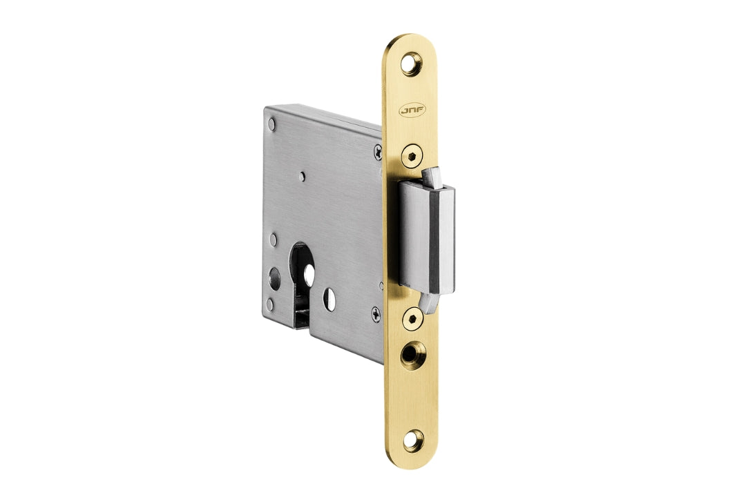 Product image of the Satin Brass Sliding Door Lock on a white background.