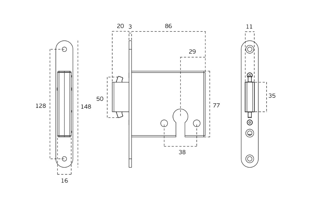 Black architectural line drawing with measurements of the Satin Brass Sliding Door Lock on a white background.