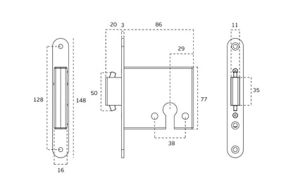 Black architectural line drawing with measurements of the Satin Brass Sliding Door Lock on a white background.