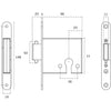 Black architectural line drawing with measurements of the Stainless Steel Sliding Door Lock on a white background.