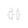 Black architectural line drawing with measurements of the Satin Brass Sliding Door Lock keeper on a white background.