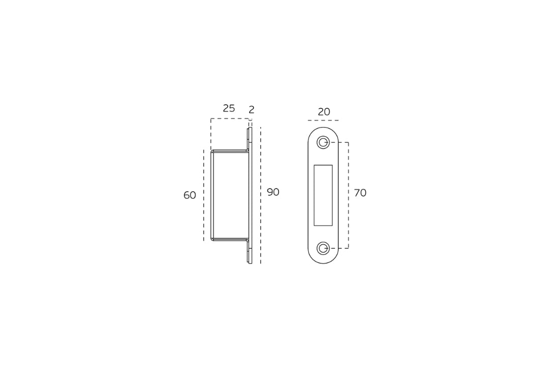 Black architectural line drawing with measurements of the Satin Brass Sliding Door Lock keeper on a white background.