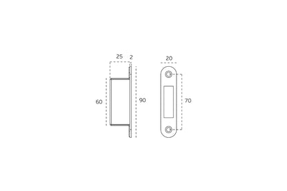 Black architectural line drawing with measurements of the Satin Brass Sliding Door Lock keeper on a white background.