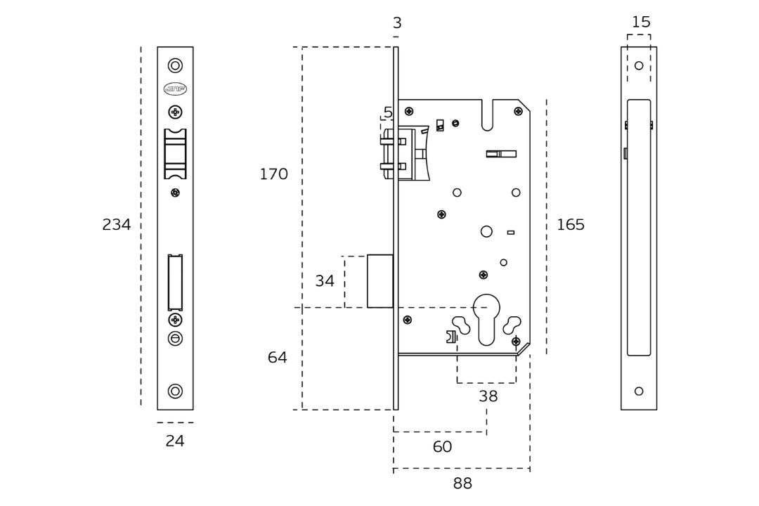 Specification drawing with measurements of the IN.20.894 Euro Roller Lock on a white background.