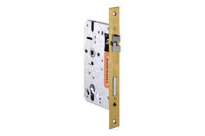 Product image of the Satin Brass Euro Mortice Lock IN.20.895.TG on a white background.