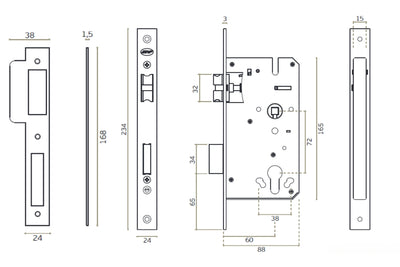 Black line drawing with measurements of the Satin Stainless Steel Euro Mortice Lock IN.20.895 on a white background.