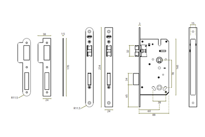 Black and white specification drawing with measurements of the JNF Titanium Chocolate PVD Privacy Mortice Lock 78mm IN.20.896.TCH.