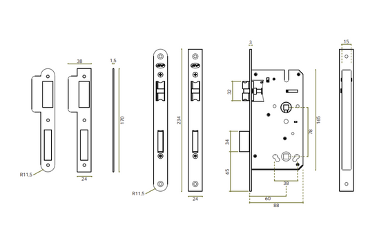 Black and white specification drawing with measurements of the JNF Titanium Chocolate PVD Privacy Mortice Lock 78mm IN.20.896.TCH.
