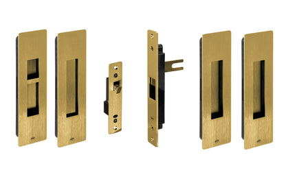 Set of Gold door handles and locks on a white background