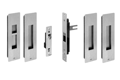 Set of metallic door handles and locks on a white background