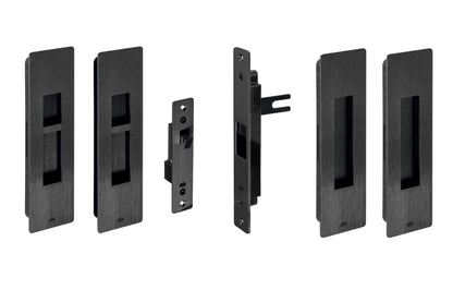 Set of black door hardware components on a white background