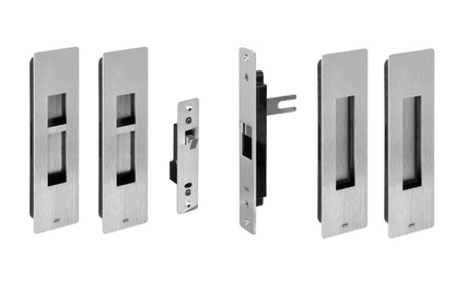 Set of metallic door lock components on a white background