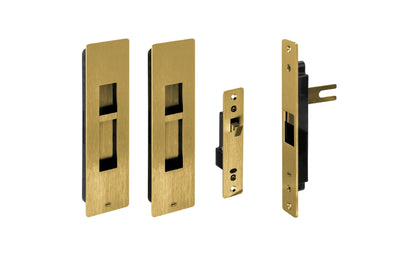 Set of gold door lock mechanisms on a white background
