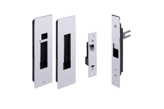 Set of polished door lock mechanisms on a white background