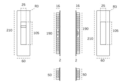 Technical drawing of a rectangular component with dimensions and labels.