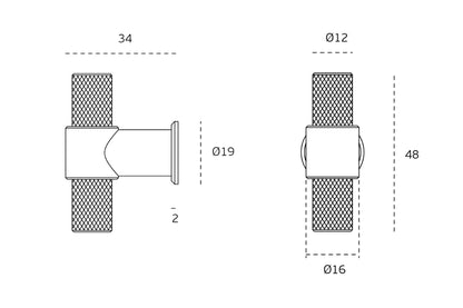 Black architectural line drawing with measurements of the IN.22.152.16.KN.TCO Monaco Copper Cabinet T Knob on a white background.