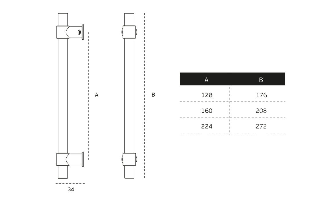 Black architectural line drawing with measurements of the IN.22.153.16.KN.TG Monaco Satin Brass Cabinet Handle on a white background.