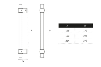 Black architectural line drawing with measurements of the IN.22.153.16.KN.TG Monaco PVD Titanium Gold Cabinet Handle on a white background.