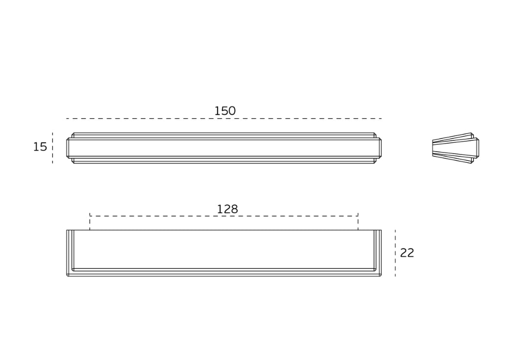 Specification drawing of the Art Deco Collection 128mm Cabinet Handle – luxury geometric design by Christian Magalhães on a white background.
