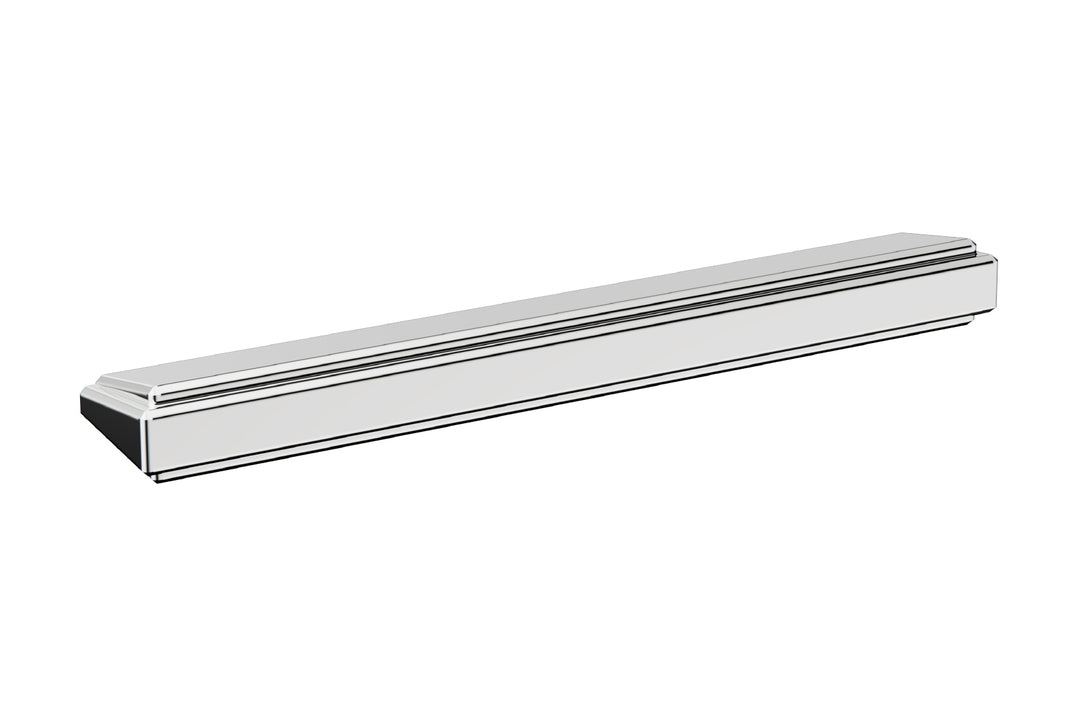 Art Deco Collection 128mm Cabinet Handle in Polished Stainless Steel – luxury geometric design by Christian Magalhães on a white background.