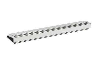Art Deco Collection 128mm Cabinet Handle in Polished Stainless Steel – luxury geometric design by Christian Magalhães on a white background.