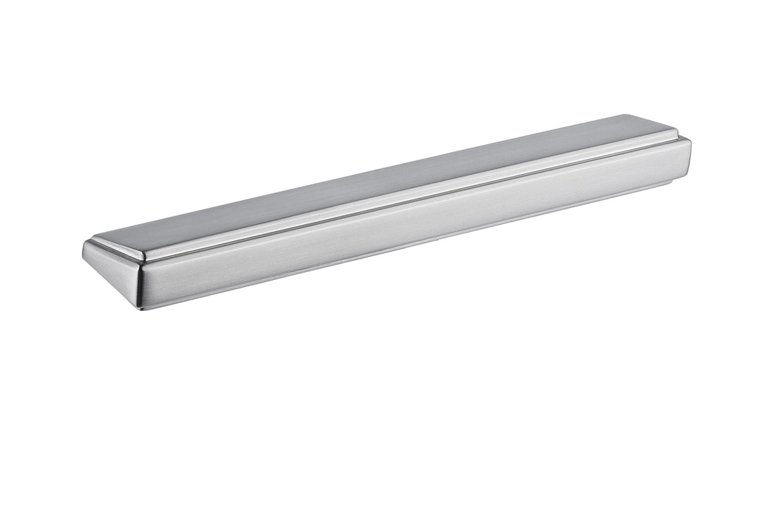 Art Deco Collection 128mm Cabinet Handle in Satin Stainless Steel – luxury geometric design by Christian Magalhães on a white background.