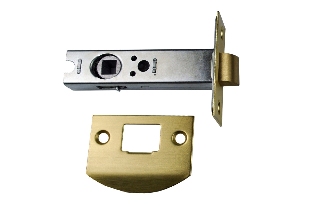 Product image of the Satin Brass Tube Latch Dual Sprung LATDS60-SB on a white background.
