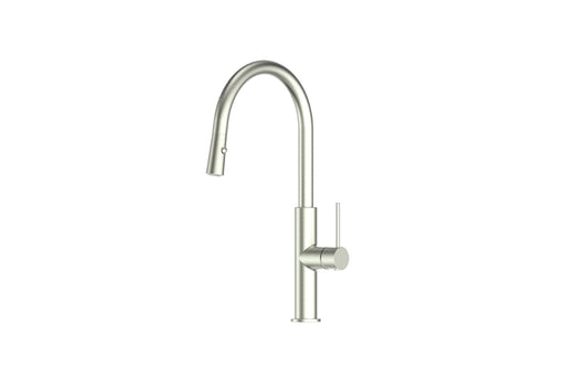 Mika Pull-Down Sink Mixer in Brushed Nickel – modern brushed nickel mixer with pull-down spray for designers