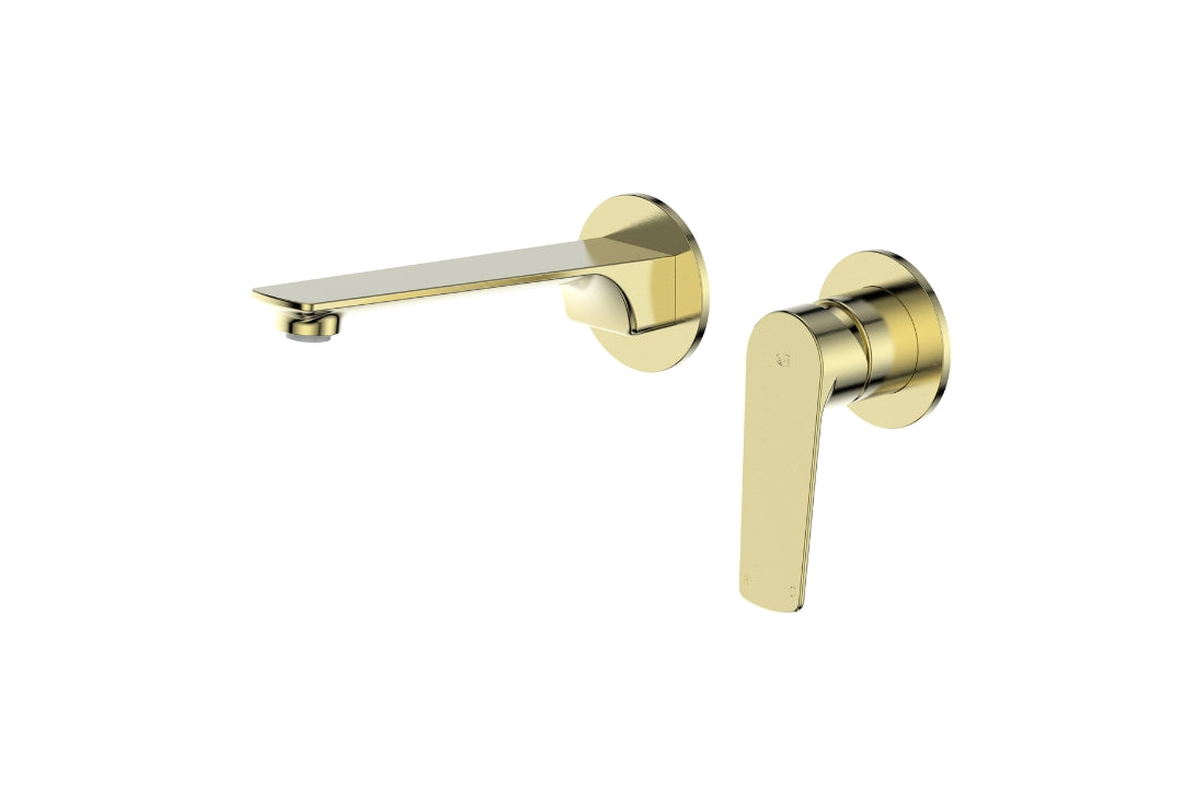 Novi Wall Basin Mixer in Brushed Brass – brushed brass wall basin mixer for architectural bathroom designs