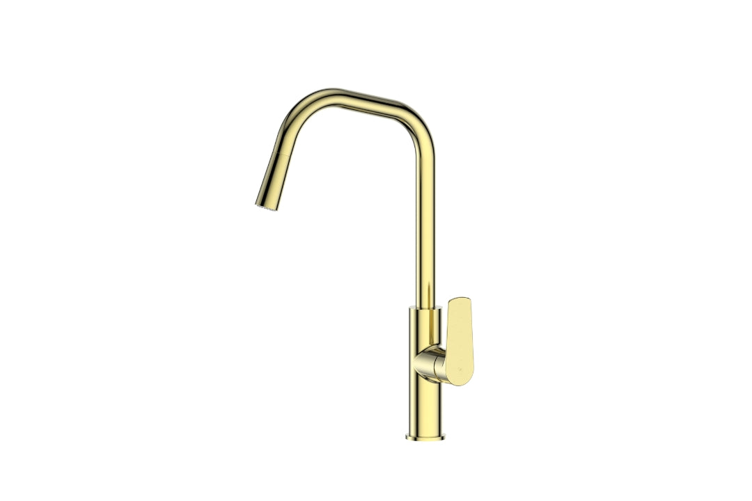 Novi Pull-Down Sink Mixer in Brushed Brass – architectural kitchen mixer tap with pull-down spray