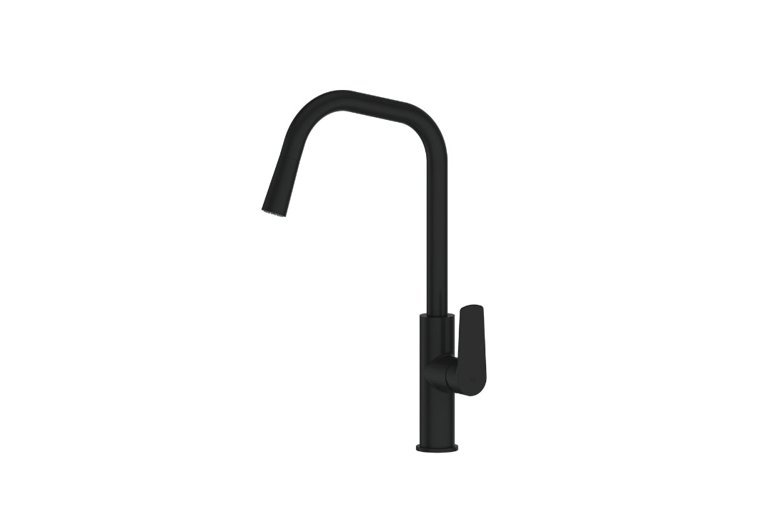 Novi Pull-Down Sink Mixer in Matt Black – minimalist black kitchen mixer for architectural interiors