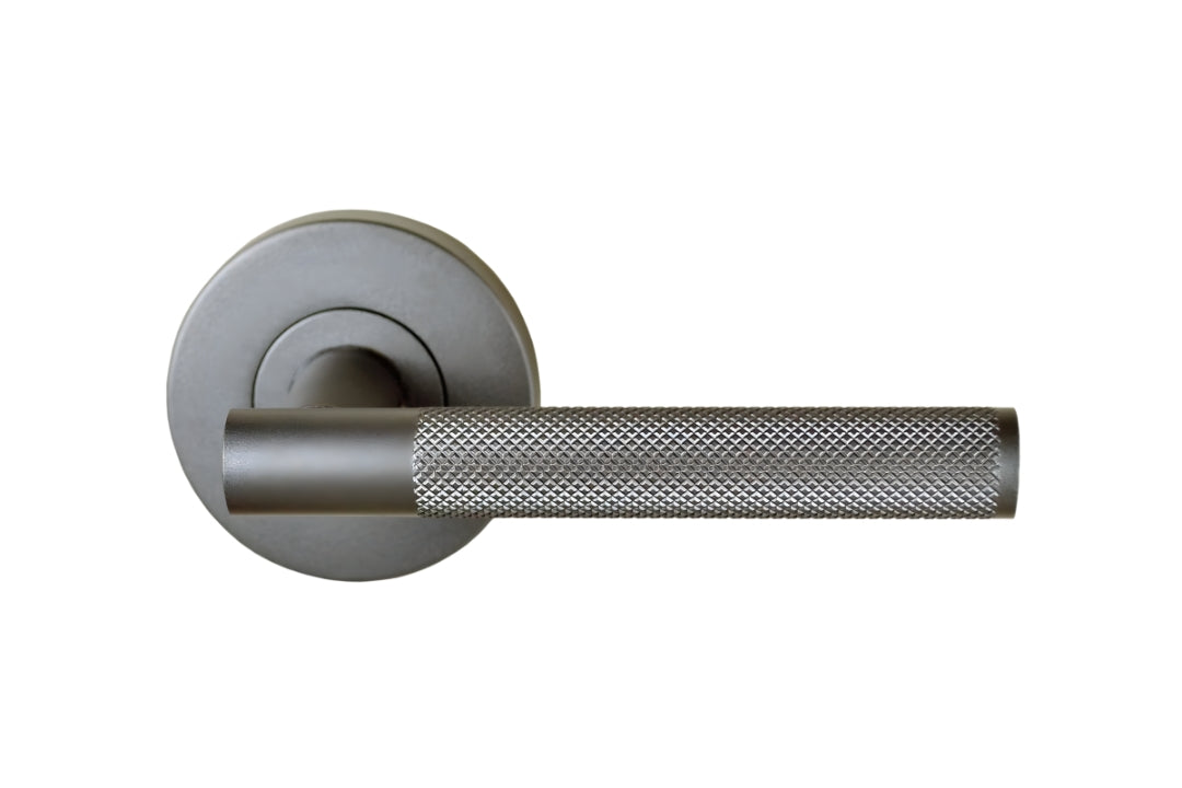 Nidus Knurled Domici Lever on Rose in gunmetal grey finish.