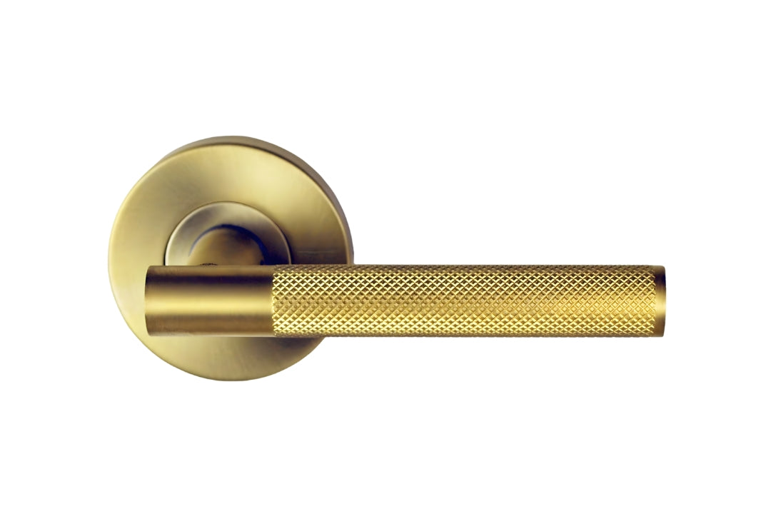 Nidus Knurled Domici Lever on Rose in Satin Brass.