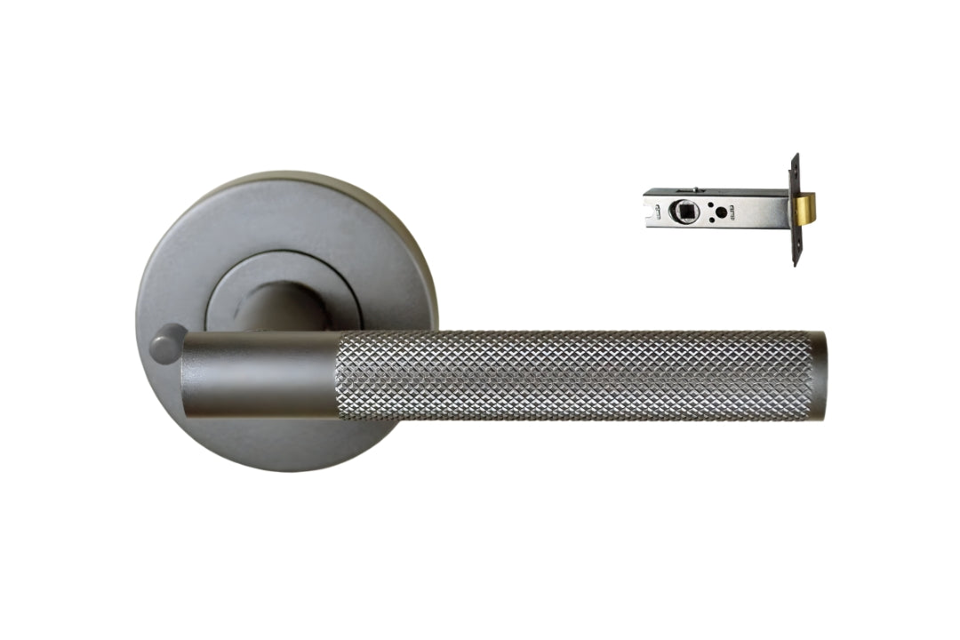 Nidus Knurled Domici Lever on Rose Privacy Set in gunmetal grey finish.