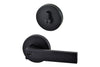 Product image of the Matt Black Nidus Lonsdale Door Lever Round Combo Entrance Set on a white background.