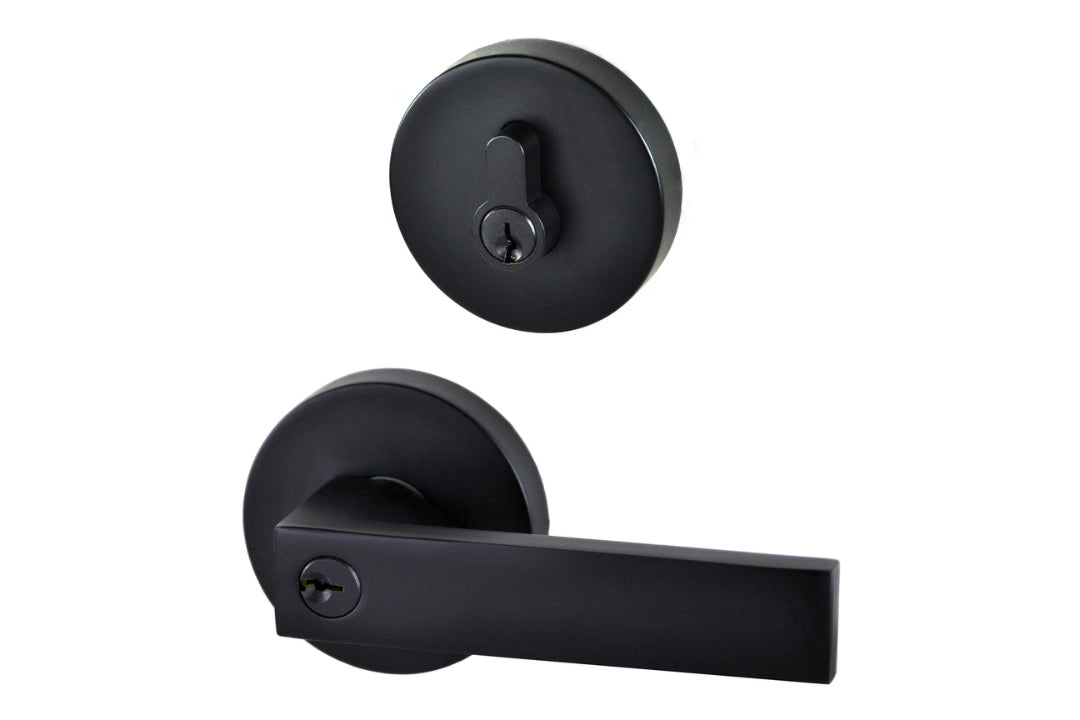 Product image of the Matt Black Nidus Lonsdale Door Lever Round Combo Entrance Set on a white background.