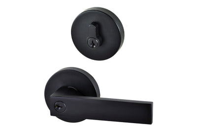 Product image of the Matt Black Nidus Lonsdale Door Lever Round Combo Entrance Set on a white background.